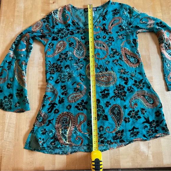 Velvet Burnout Boho Blouse Teal Paisley Tunic Festival Top S - Picture 10 of 16